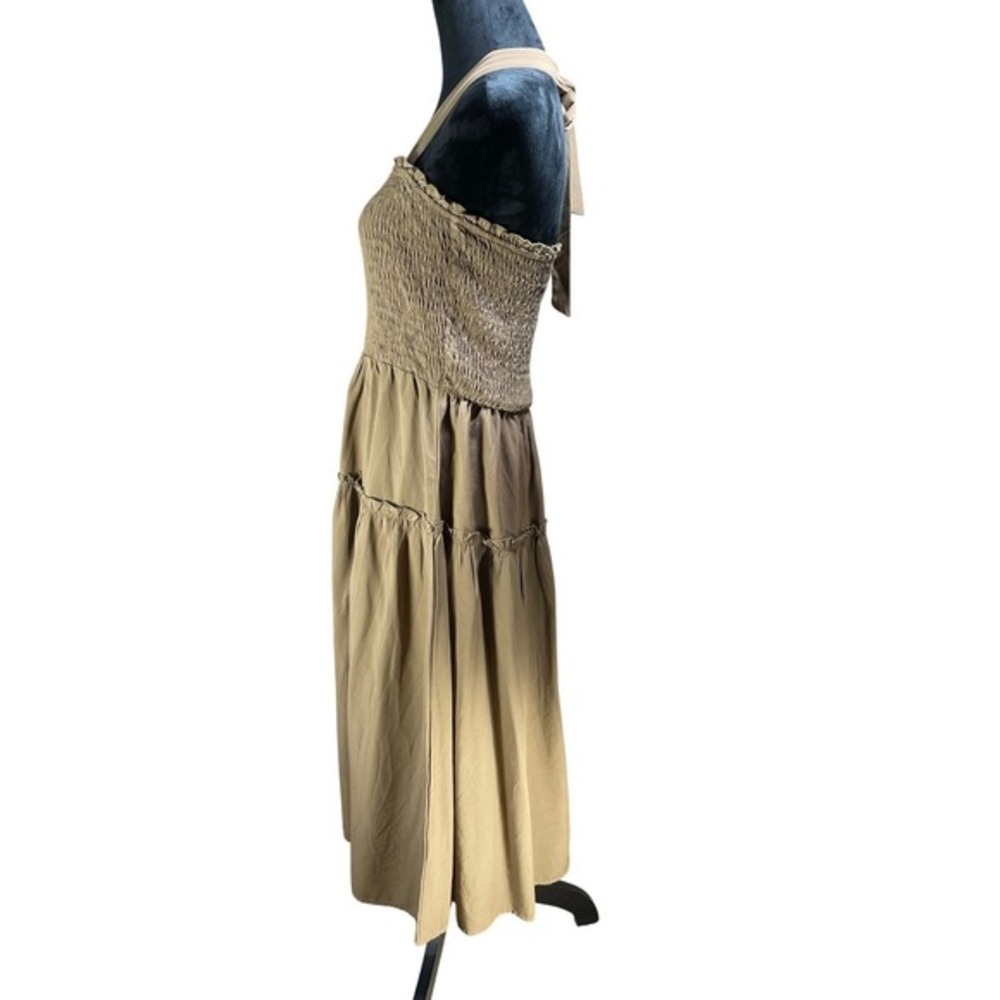 PRETTY‎ GARDEN Smocked Halter Tiered Midi Dress Olive Green Women L boho picnic - Picture 2 of 9